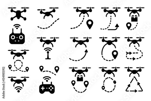 Drone navigation icons set: gps, delivery, control, and flight paths