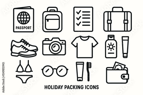 Essential holiday packing icons: passport, luggage, camera, toiletries, fashion items