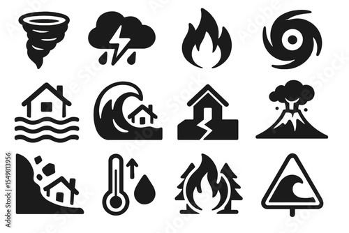 Set of natural disaster icons: tornado, tsunami, earthquake, wildfire, hurricane, volcanic eruption