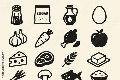 Simple icons of common kitchen ingredients on beige background