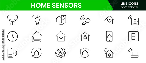 Sleek vector web line icons depicting smart home sensors, automation, security, temperature control, and connected devices for intelligent living.