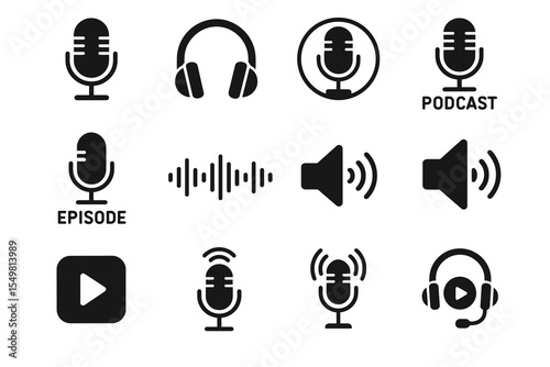 Podcast icons: microphone, headphones, sound waves, play button collection