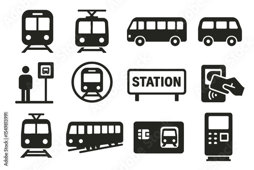 Transportation icons set: train, tram, bus, ticket, and station symbols