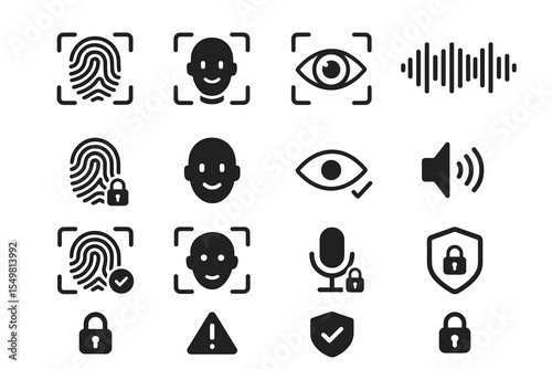 Biometric security icons: fingerprint, face, voice, eye, sound, and privacy protection