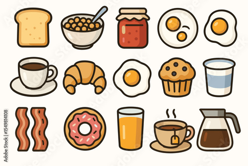 Illustrated breakfast items including eggs, coffee, toast, and cereal