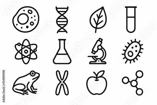 Science icons: cell, dna, leaf, test tube, atom, flask, microscope, bacteria, frog, chromosome, apple, molecule