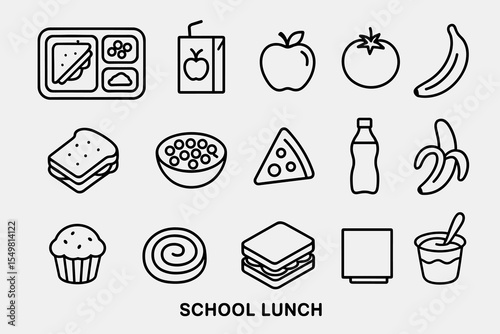 Outline icons of school lunch items including sandwich, pizza, and fruit