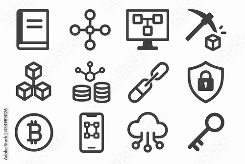 Blockchain technology icon set: network, security, cryptocurrency, cloud
