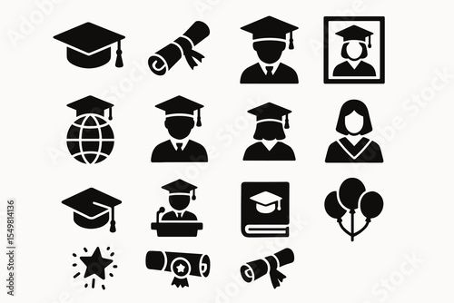 Graduation icon set: diplomas, caps, students, globe, balloons