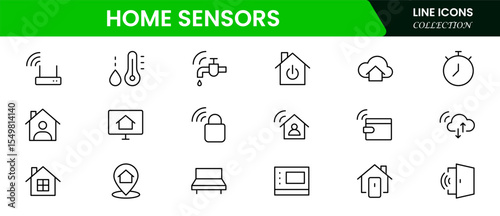 Sleek vector web line icons depicting smart home sensors, automation, security, temperature control, and connected devices for intelligent living.