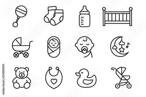 Collection of baby icons featuring toys, cribs, and accessories in simple line art style