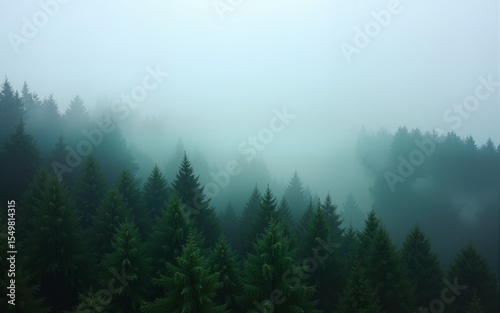 Soft cinematic fog. Lush green pine forest blanketed by rolling mist. Ideal for nature documentaries, cinematic backdrops, or environmental themes. High quality