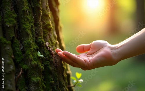 A hand gently touches the moss-covered trunk of a tree, illuminated by warm sunlight, symbolizing a connection to nature, mindfulness, and environmental awareness. Ideal for themes of nature therapy