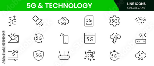 Cutting-edge vector web line icons depicting 5G, telecommunications, networks, connectivity, and advanced digital communication for seamless global interaction.