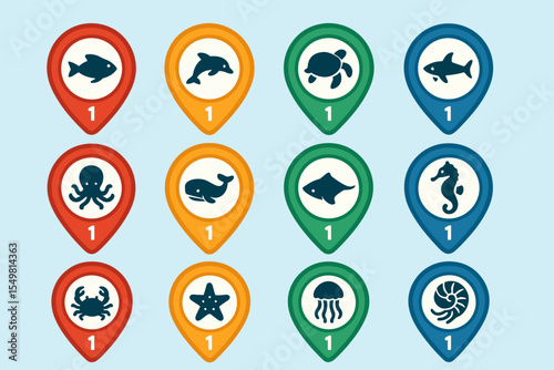Colorful marine animal icons on map location pins for educational games
