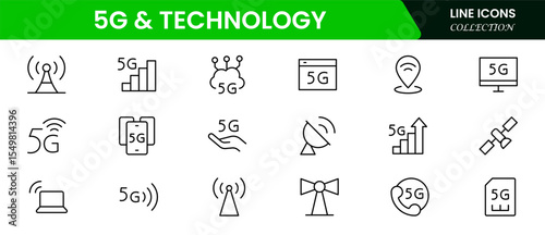 Cutting-edge vector web line icons depicting 5G, telecommunications, networks, connectivity, and advanced digital communication for seamless global interaction.