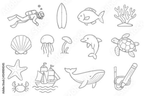 Ocean adventure: diving, marine life, and nautical icons set