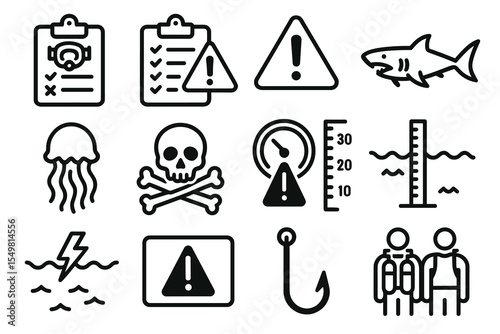 Safety warning icons: hazard signs, marine danger, scuba diver symbols