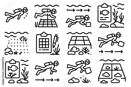 Scuba diver and marine survey equipment illustrated set with various underwater activities