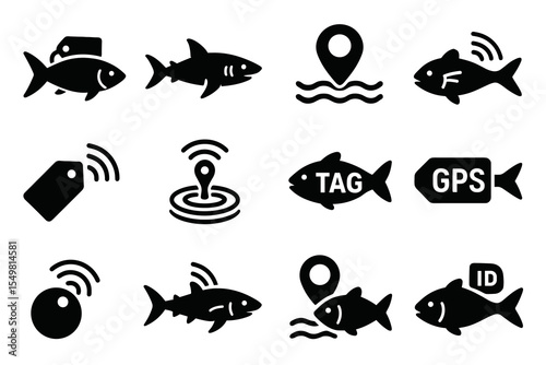 Fish tracking icons: gps, tag, rfid, location, signals for marine navigation and monitoring