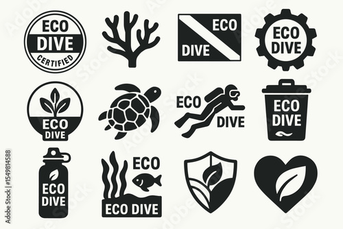 Eco dive icons: certified sealife, coral, turtle, gear, sustainability symbols