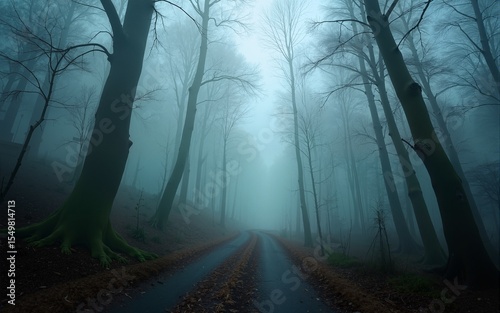 Mysterious foggy forest in spring for nature and adventure themes. High quality