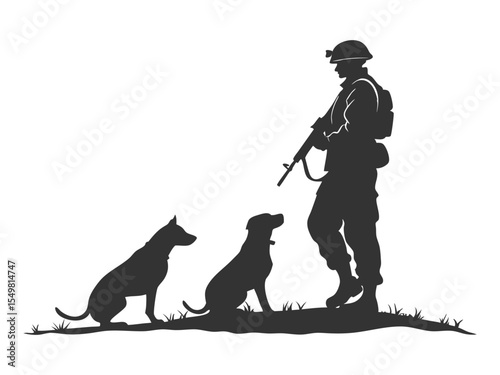 A soldier standing among two dogs black silhouette