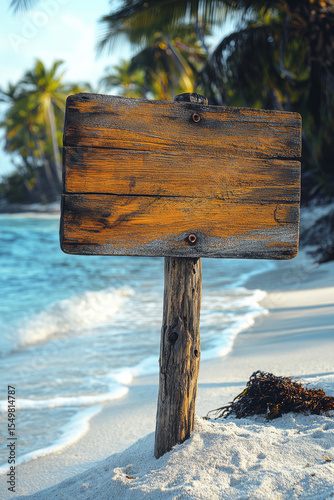 Rustic empty wooden sign stands in the sand on a peaceful tropical beach, surrounded by turquoise water and swaying palm trees, creating an inviting atmosphere for relaxation and fun. Copy space