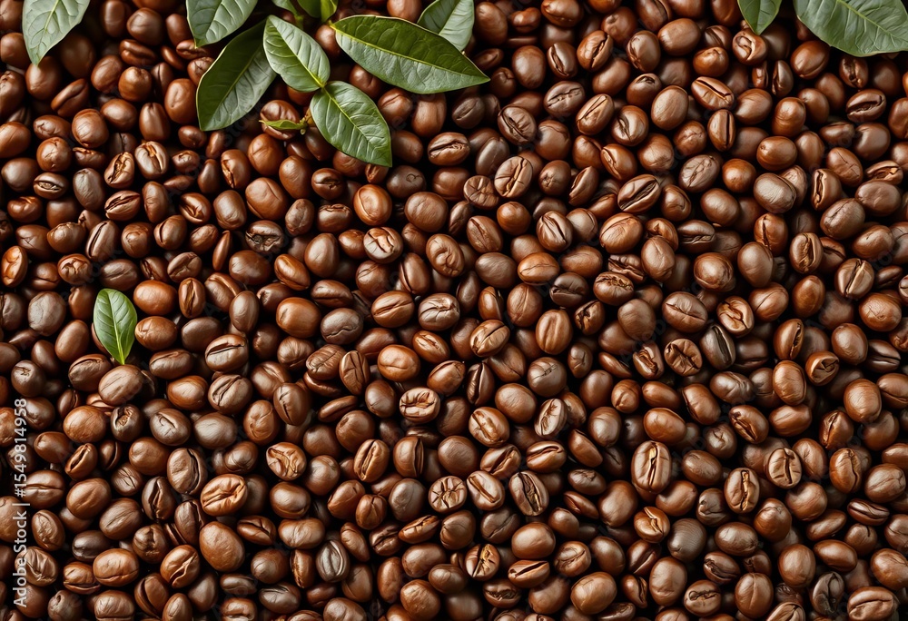 Fototapeta premium Fresh coffee beans cascade down, creating a rich brown background with ample copy space, coffee lover, backdrop