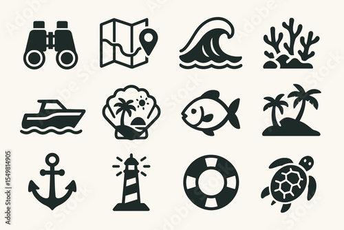 Nautical adventure icons featuring maps, waves, islands, and marine life