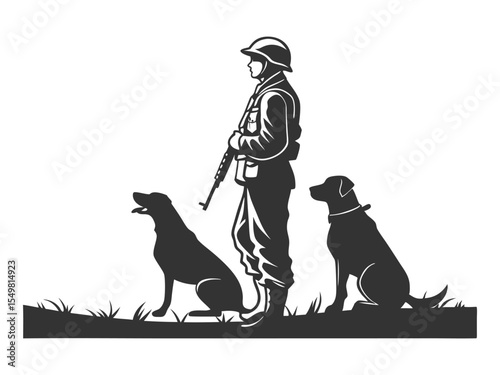 A soldier standing among two dogs black silhouette