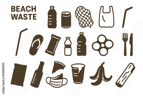 Silhouettes of beach waste items highlighting environmental concerns