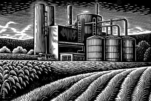 bioenergy facility surrounded by green crop fields and processing towers, a black and white sketch vector hand drawn