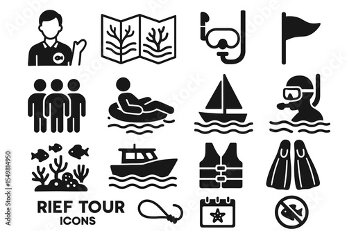Tour icons: snorkeling, scuba, boat, map, safety gear, group, swim, flag