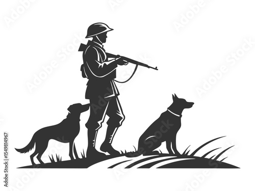 A soldier standing among two dogs black silhouette