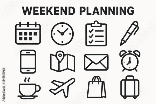Weekend planning icons set: calendar, clock, checklist, pen, travel, and more