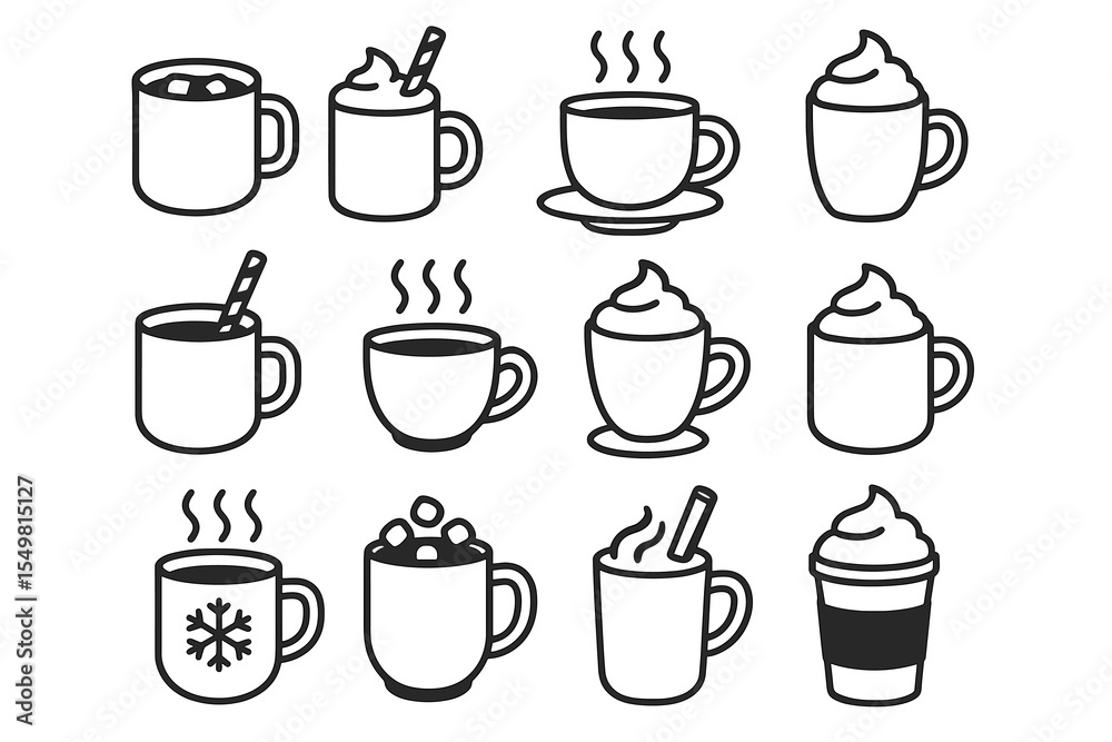 Obraz premium Variety of hot beverage icons with cups and mugs in different designs