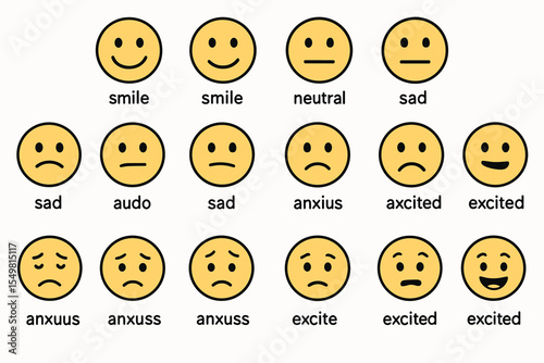Set of emoji faces displaying various emotions like smile, sad, neutral, and excited