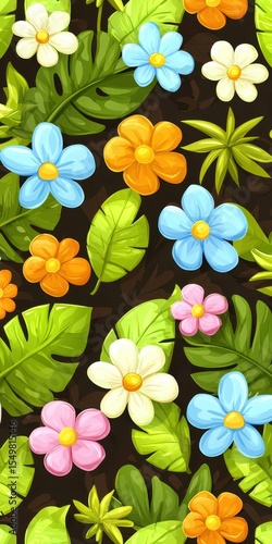 Vibrant Floral Pattern with Colorful Flowers and Green Leaves