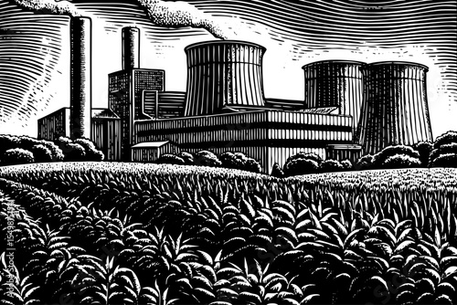 bioenergy facility surrounded by green crop fields and processing towers, a black and white sketch vector hand drawn