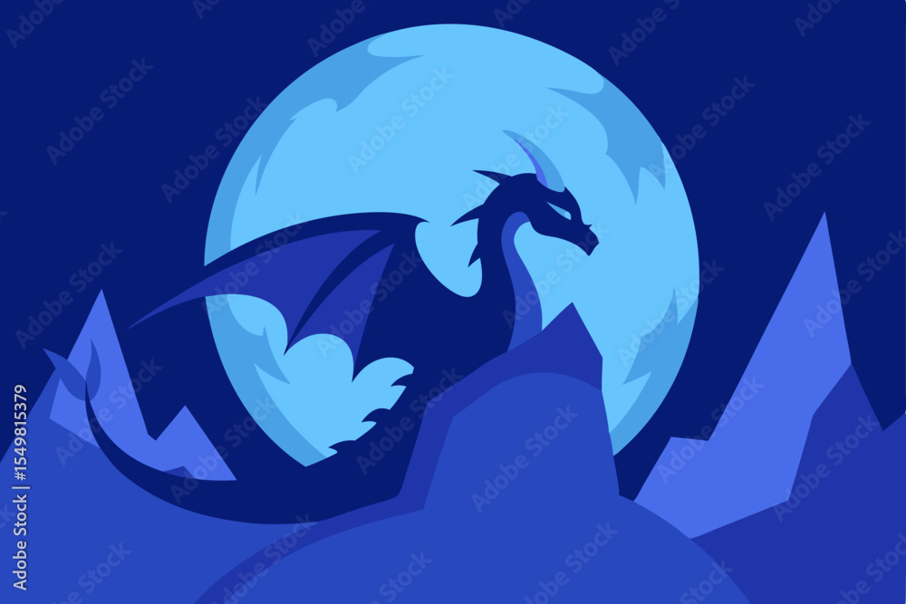 Naklejka premium Majestic Dragon Silhouette Against a Blue Moon Fantasy Art Illustration