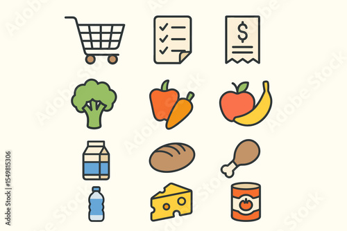 Colorful grocery icons: cart, checklist, fruits, vegetables, bread, chicken, dairy