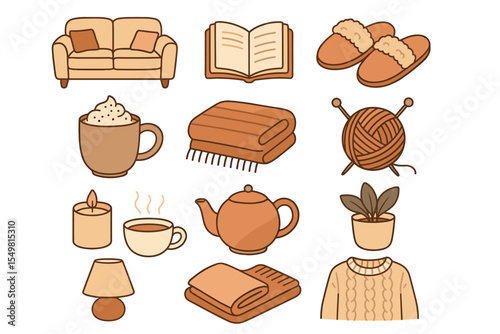 Cozy home essentials illustration with sofa, slippers, and knitting supplies