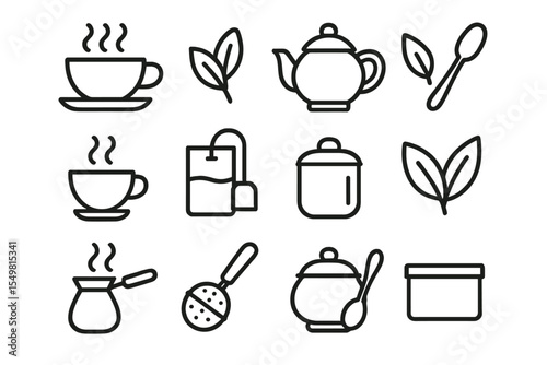 Tea icons: cups, kettle, leaves, spoon, infuser on brown background