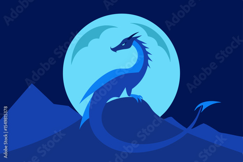 Majestic Blue Dragon Silhouette Under Moonlight Fantasy Art Illustration