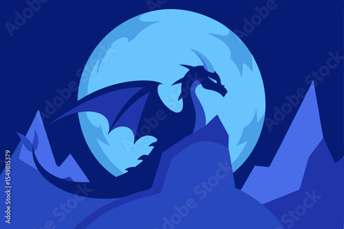 Majestic Dragon Silhouette Against a Blue Moon Fantasy Art Illustration