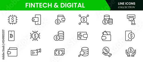 Sleek vector web line icons depicting fintech, digital payments, blockchain, mobile banking, and innovative financial technology for seamless transactions.