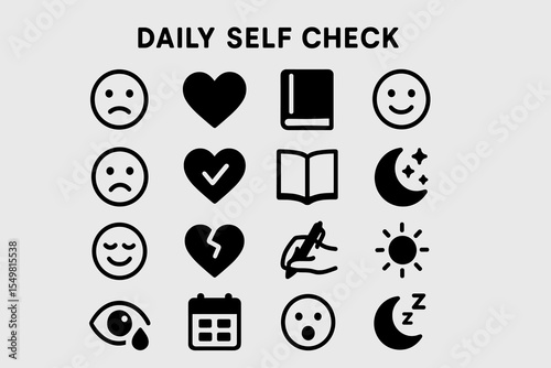 Daily self check icons: emotions, activities, and symbols for personal wellness
