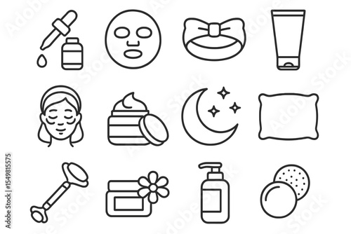 Beauty and skincare icons set: serum, mask, moisturizer, pillow, nightcare routine symbols
