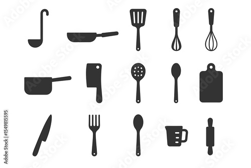 Silhouette set of essential kitchen utensils for cooking and baking